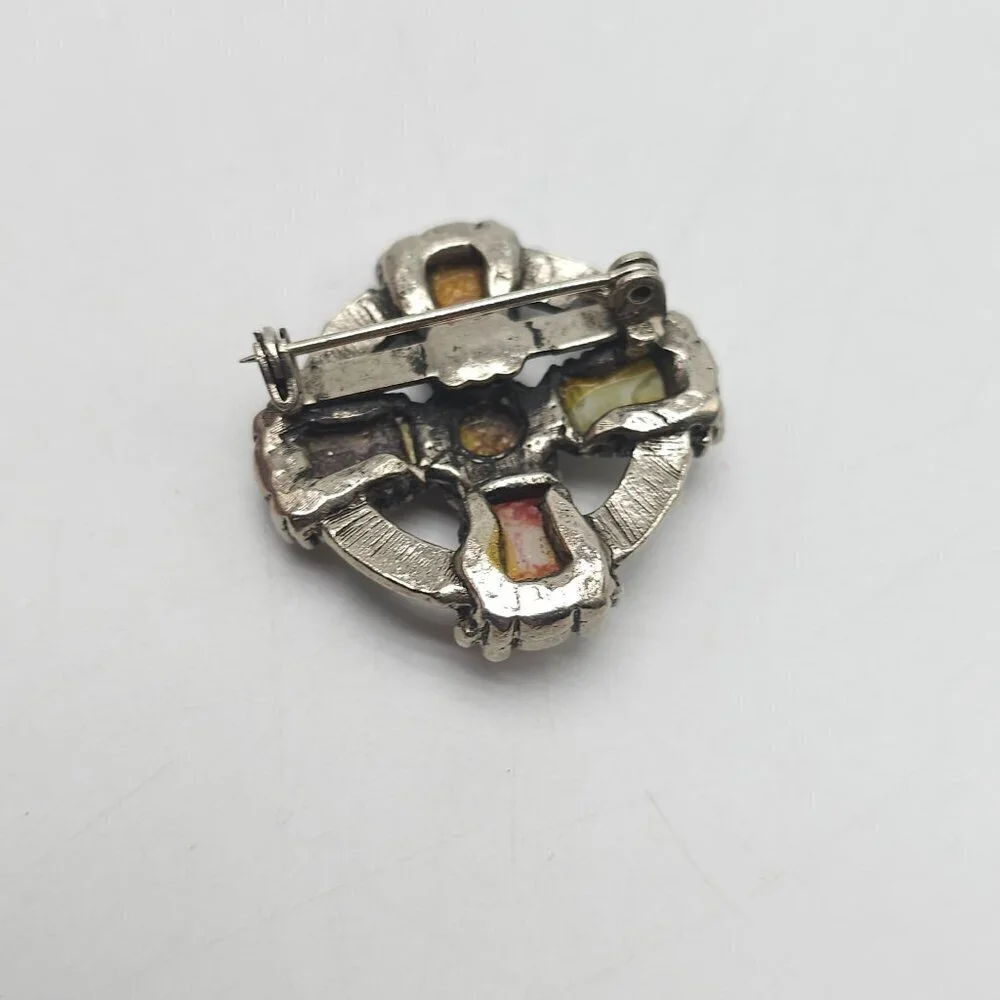 Vintage Celtic Style Brooch With Multi Color Stones Silver Tone